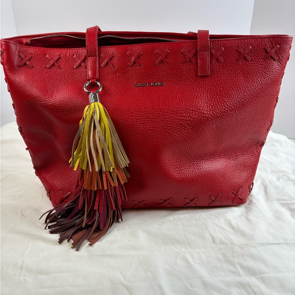 Sassy Jones Red Leather Tote Bag with Tassel